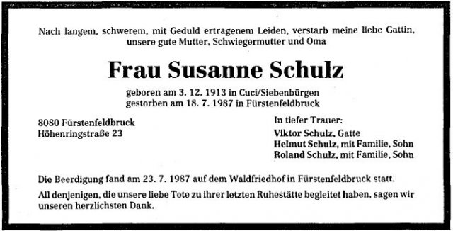 Schuller Susanna 1913-1987 Todesanzeige